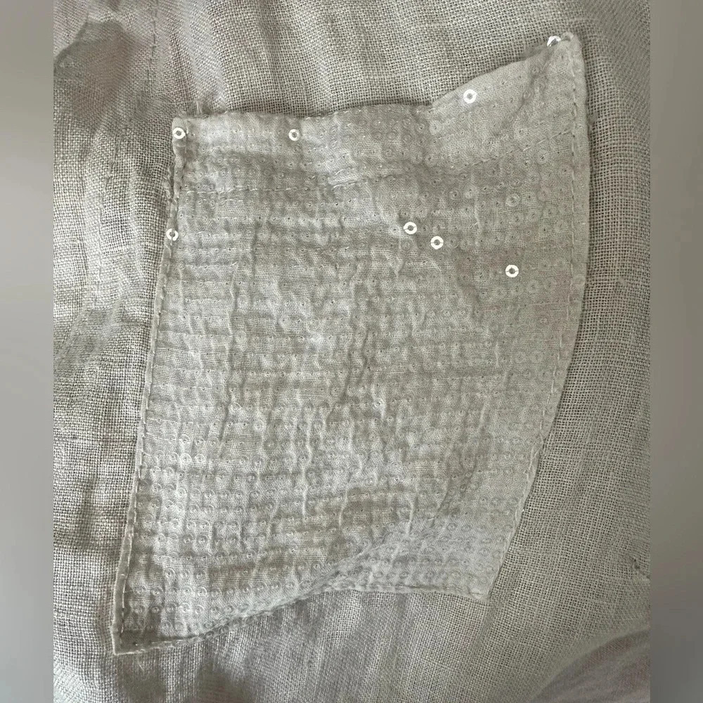 100% Linen tie waist button up blouse, sequined pocket w/ roll up sleeve - Picture 5 of 7